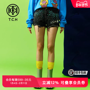 TCH潮牌轻奢潮牌大C短裤牛仔时尚烫钻字母黑色商场同款T66C218012