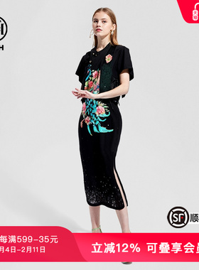 TCH潮牌新中式系列烫钻黑色孔雀侧开叉连衣裙T72B30E6025