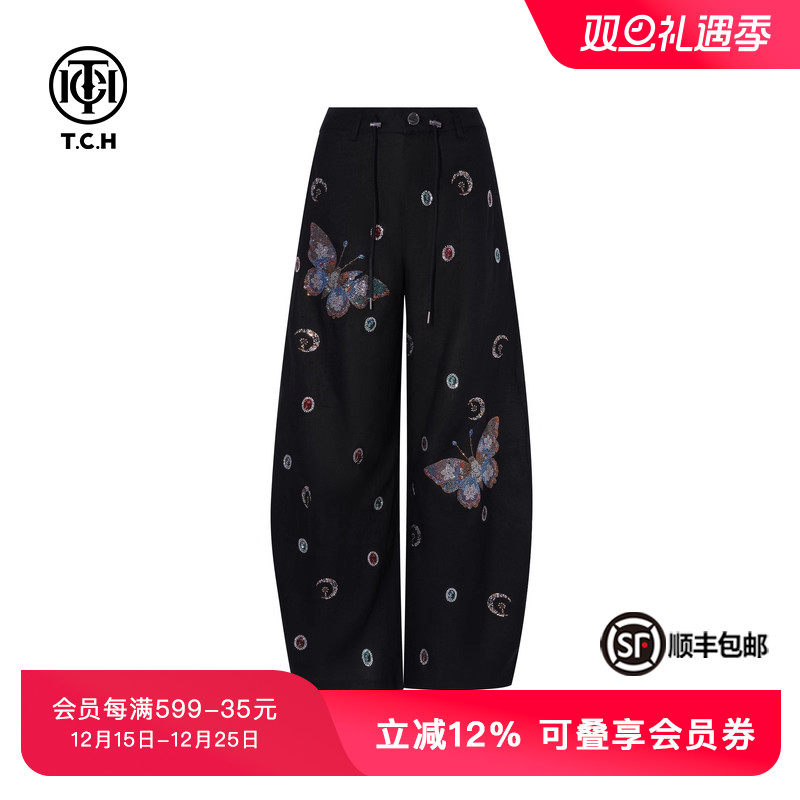 TCH私服烫钻薄款亚麻气质百搭弯刀阔腿宽松休闲长裤女T75B20E5103