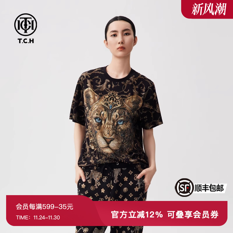 TCH春秋新款轻奢潮牌烫钻短袖T恤男女同款个性印花T72C106052