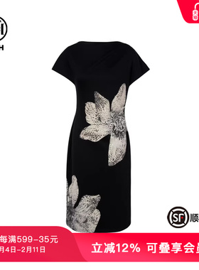 TCH轻奢潮牌高定花卉烫钻斜肩一字肩黑色收腰连衣裙女T75B30E1152