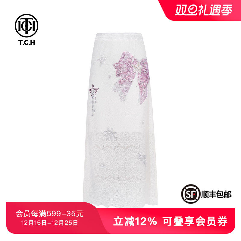 TCH私服时尚休闲百搭蝴蝶结烫钻蕾丝半身裙女春秋新款T75B22E5052