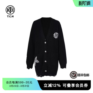 轻奢TCH时尚 T72C43E9010 潮牌翅膀字母刺绣烫钻废土风黑色针织开衫