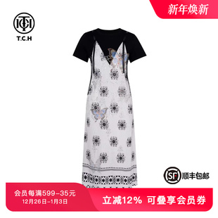TCH私服烫钻亚麻轻薄宽松显瘦假两件圆领T恤连衣裙女T75B30E5143