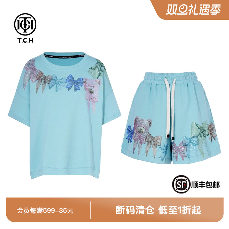 TCH私服烫钻休闲时尚宽松圆领短袖T恤短裤套装女夏季T75B07E5071