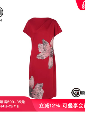 TCH轻奢时尚潮牌荷花烫钻高定收腰气质红色连衣裙女夏T75B30E1208