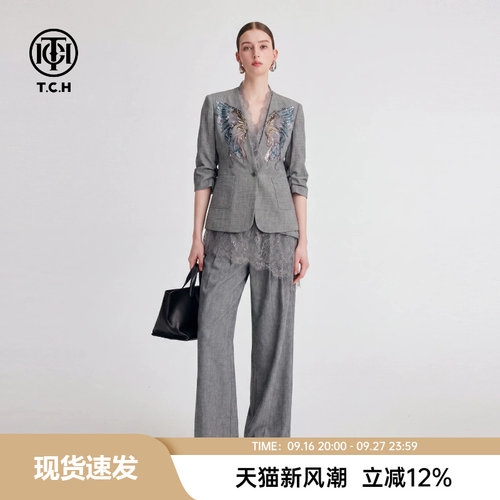 TCH烫钻翅膀亚麻老钱风套装女蕾丝拼接西装外套屁帘阔腿裤三件套