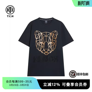 豹头黑色短袖 时尚 T恤夏季 个性 T72B10E6038 新款 TCH潮牌烫金款