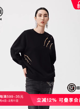 TCH春秋新款烫钻黑色卫衣男宽松休闲百搭圆领衫女T72C116007