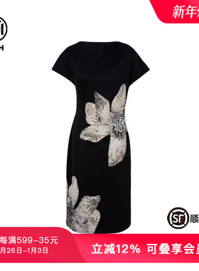 TCH轻奢潮牌高定花卉烫钻斜肩一字肩黑色收腰连衣裙女T75B30E1152
