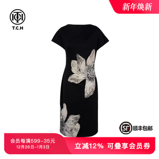TCH轻奢潮牌高定花卉烫钻斜肩一字肩黑色收腰连衣裙女T75B30E1152