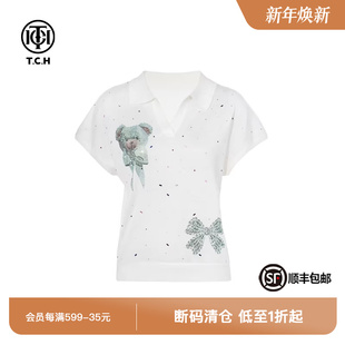 新款 T恤女夏季 T75B09E5025 百搭Polo领小飞袖 TCH私服烫钻时尚