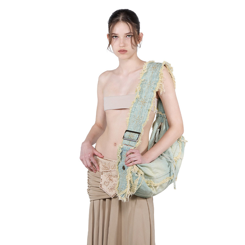 SCULPTOR美式水洗复古毛边牛仔手提包可调节单肩斜挎包大容量行李