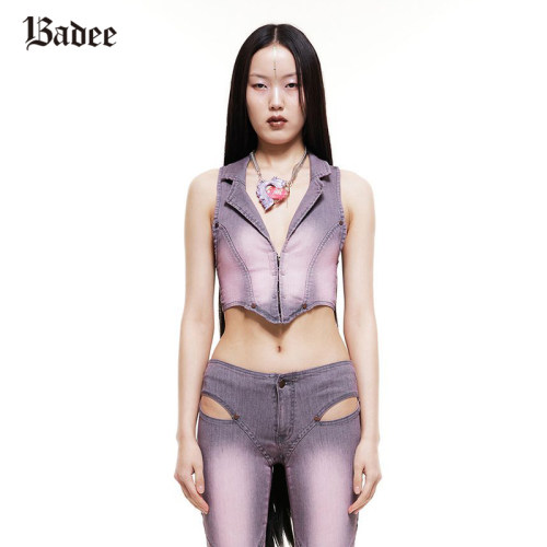 Badee着色弹力牛仔暗扣胸衣女性感高腰露脐短款深V领牛仔马甲上衣