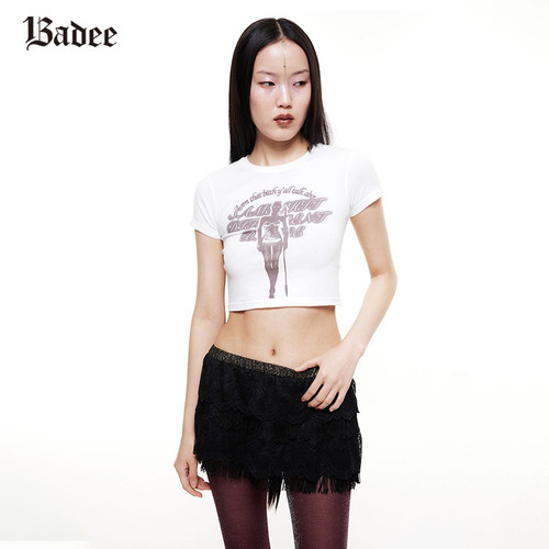 Badee数码印花莫代尔短款T恤女轻薄高弹棉莫代尔混纺面料春款