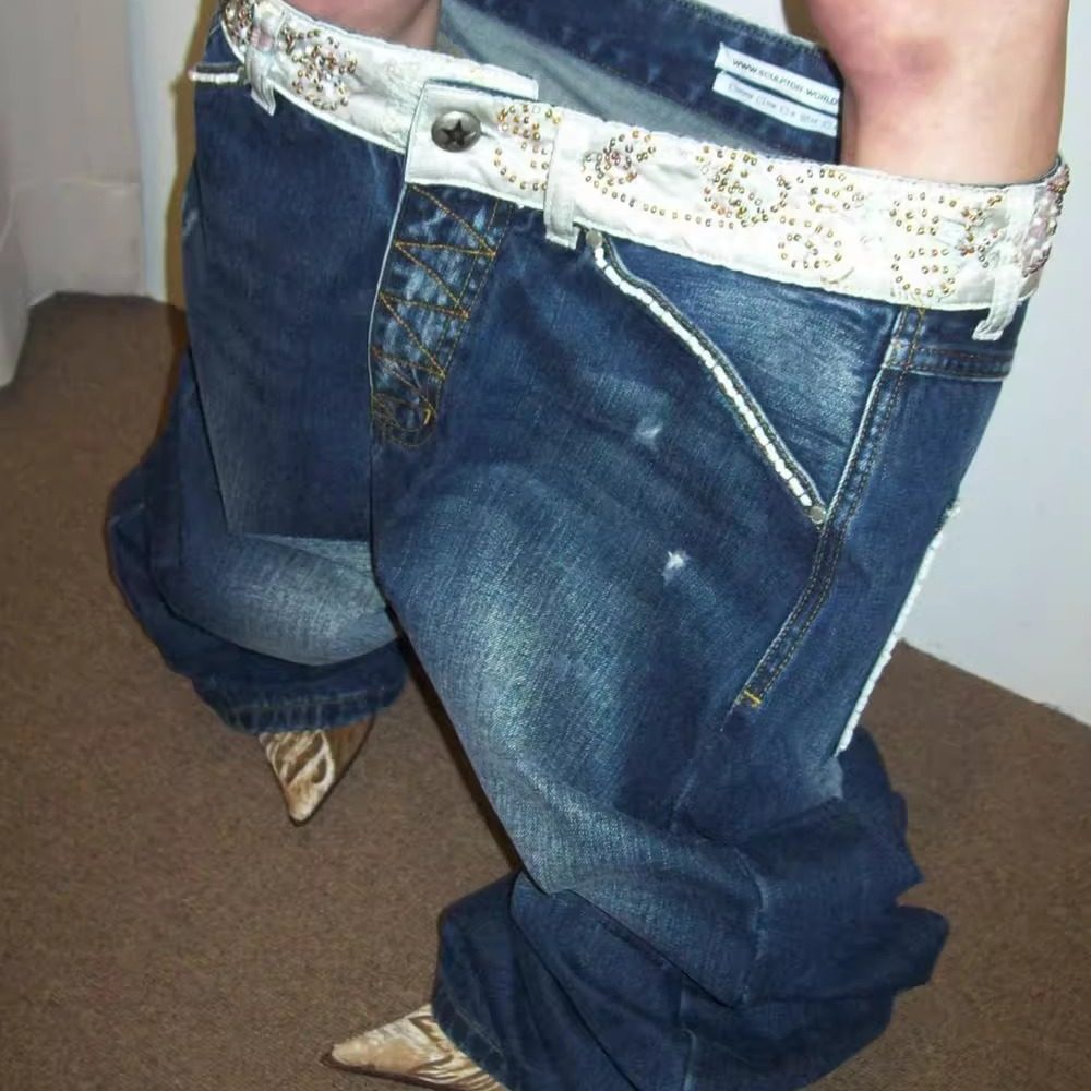 SCULPTOR安俞真同款美式水洗复古串珠低腰牛仔裤女气质哈伦裤