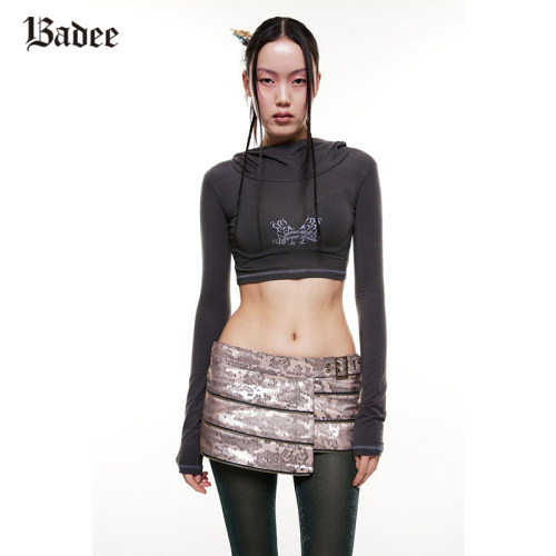 Badee 春秋配色明线高腰堆堆领连帽衫女内搭打底衫露脐辣妹装