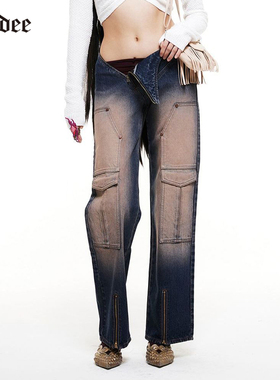 Badee无腰头斜线拉链牛仔裤女韩国小众设计感美式街头开衩喇叭裤