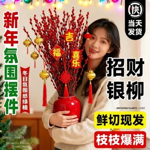 银柳真花鲜枝客厅摆件红色年宵花花卉干花干枝盆栽抱抱桶水培植物
