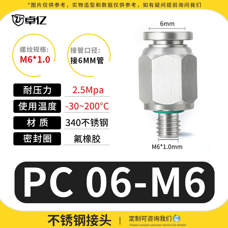 304不锈钢PC快速接头气管快插螺纹直通PC8-01-02P-03-04-06耐高压