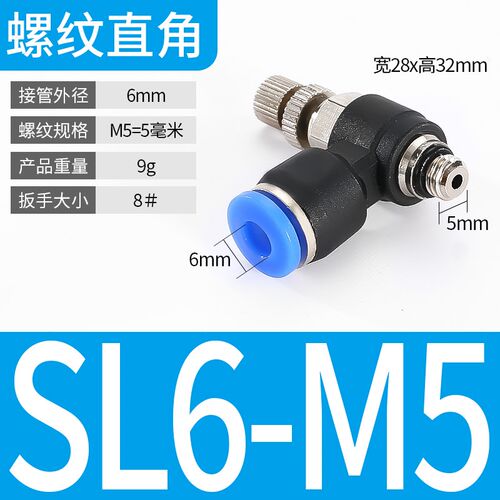 SL螺纹接头气动管可调快速接头节流阀调速阀SL4681012-M501020304