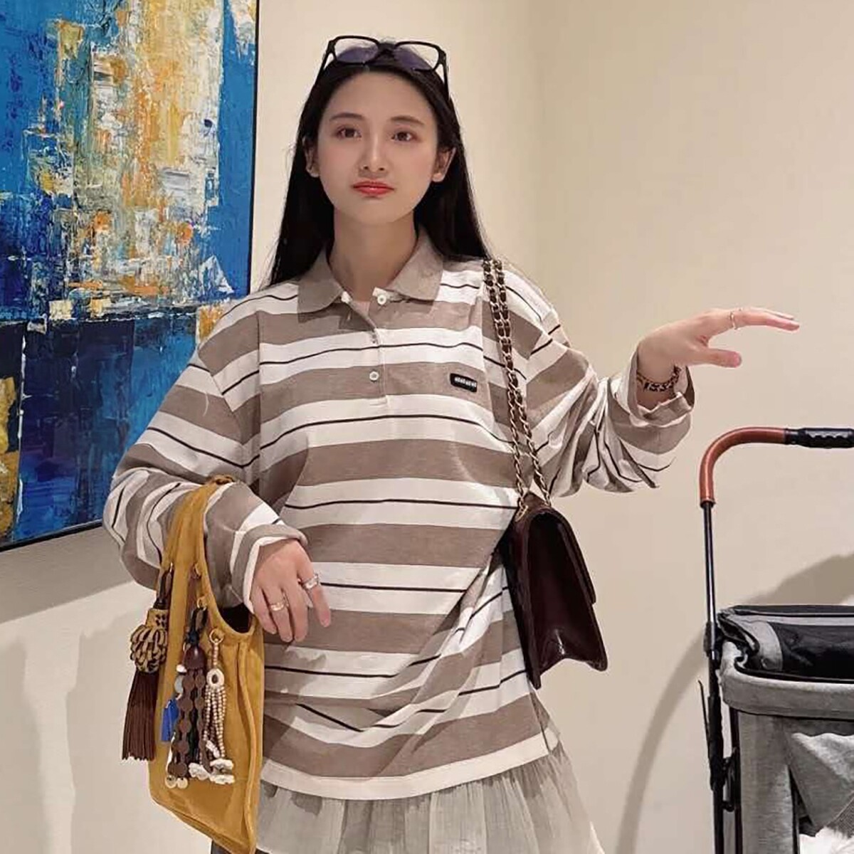 Miss Chen 高定 2026秋装中长款字母微标宽松条纹上衣POLO衫T恤女