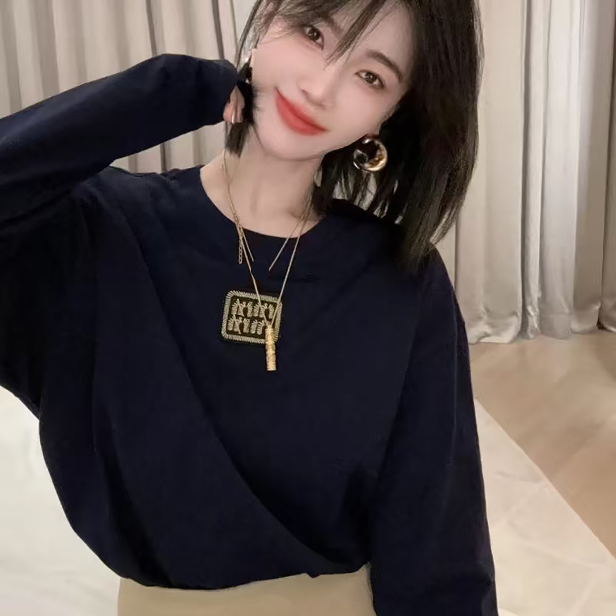 Miss Chen 高定 2026秋装新款中长款字母刺绣宽松上衣纯棉长袖T恤