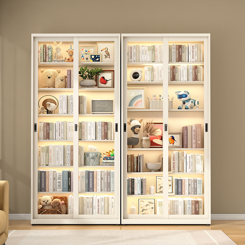 家用带锁推拉门书柜防尘玻璃展示柜多层落地书架落地收纳柜置物架