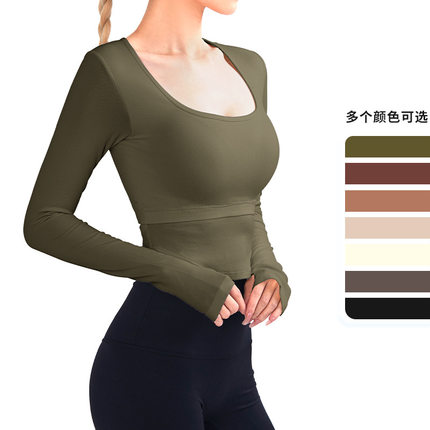 2024新款秋冬短款瑜伽服含胸垫美背健身长袖U领跑步运动上衣