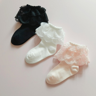 女童花边袜子儿童宝宝蕾丝公主袜黑色白色小女孩舞蹈袜中筒袜秋季