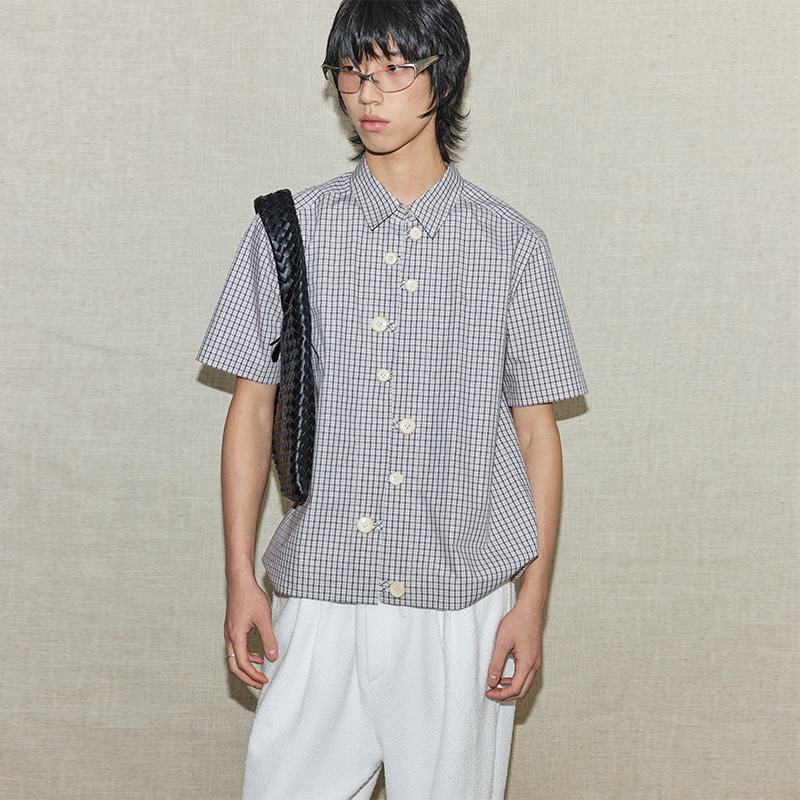 PIHO日系高级感多扣格子短袖衬衫男女复古百搭宽松休闲翻领上衣