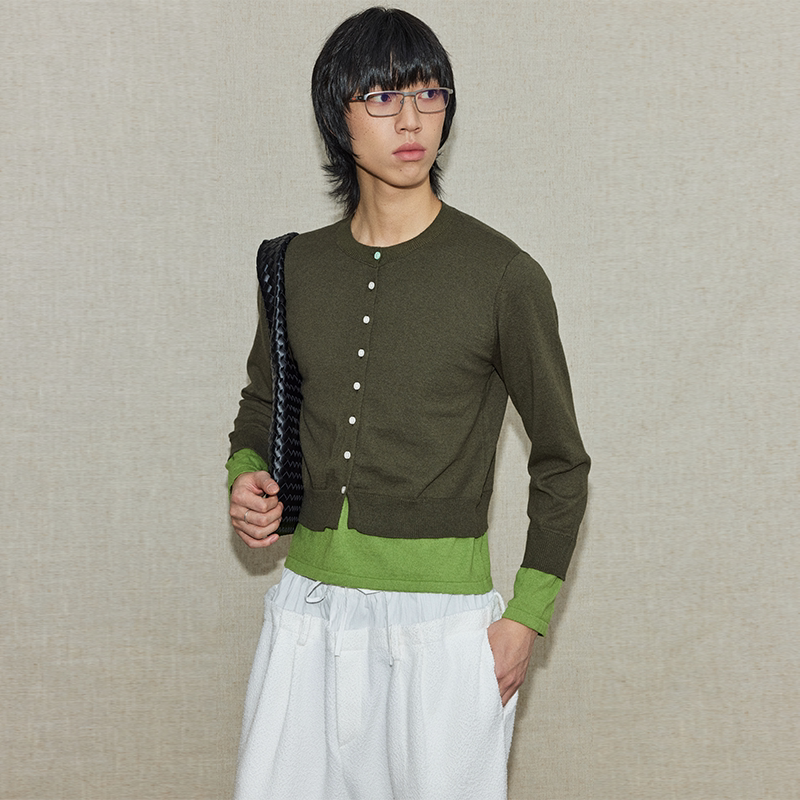 PIHO原创设计撞色假两件针织衫2026春季时尚休闲男女排扣毛衣上衣