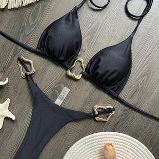 2024欧美新比基尼不规则金属饰品洗点三角bikini泳装 温泉度假泳衣
