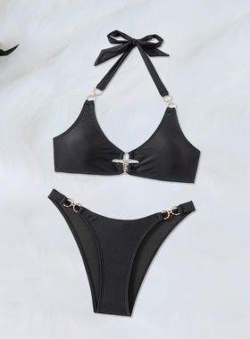 欧美女黑色简约性感圆环挂脖分体bikini泳衣温泉度假小清新比基尼