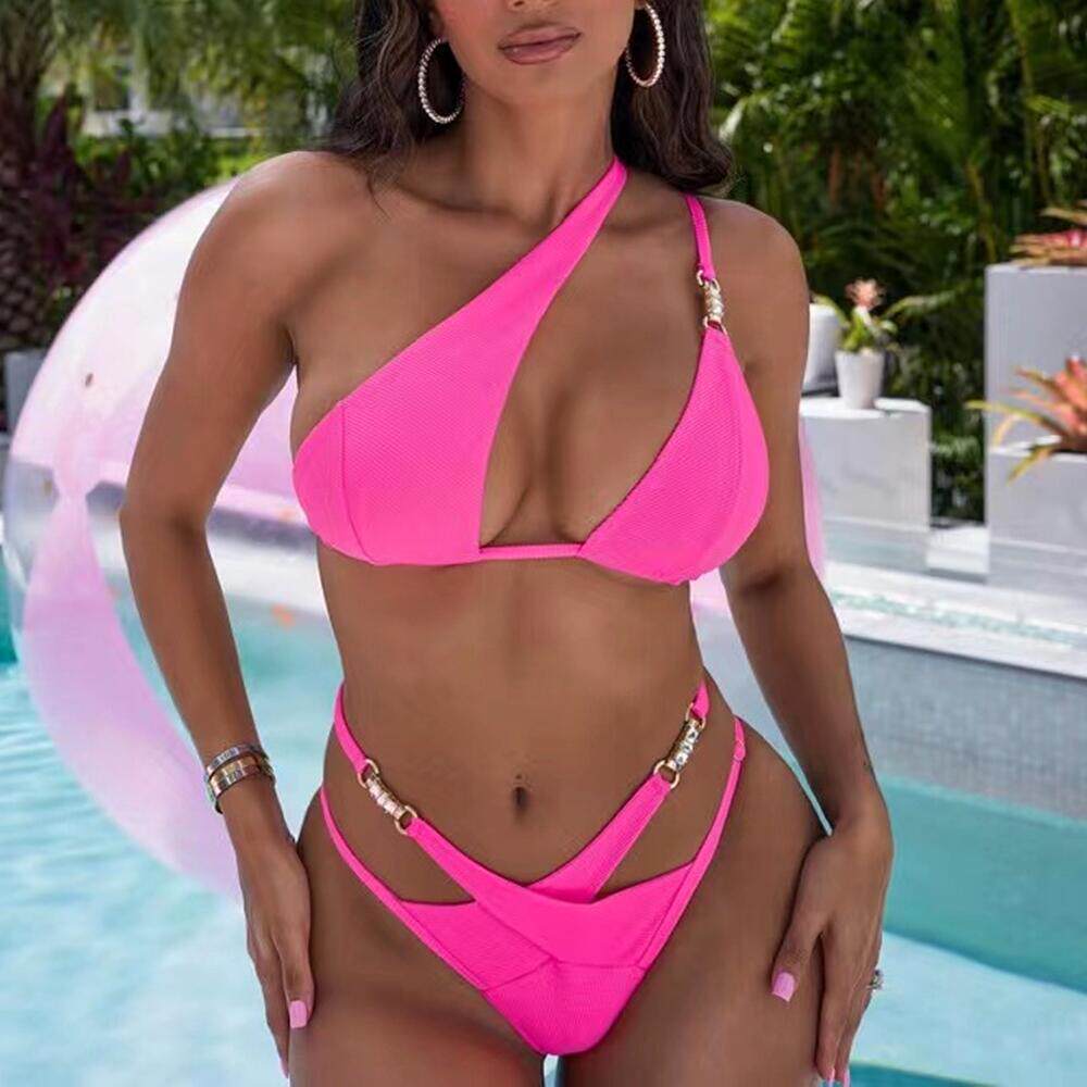 2024女士ins性感比基尼水晶钻石绑带分体泳衣辣妹小众斜肩bikini