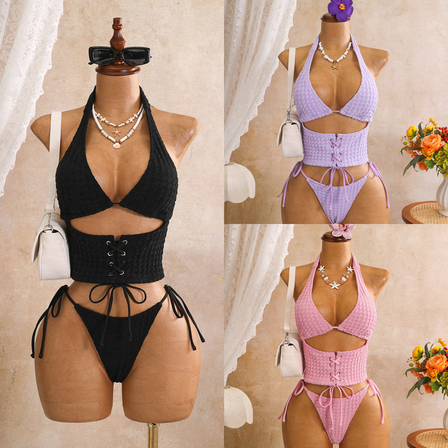 欧美女士挂脖束腰抽绳分体bikini泳衣辣妹身体度假显瘦系带比基尼