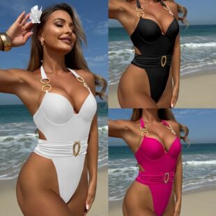 欧美女纯色连体挂脖硬杯bikini泳衣性感海边沙滩一体式 腰带比基尼