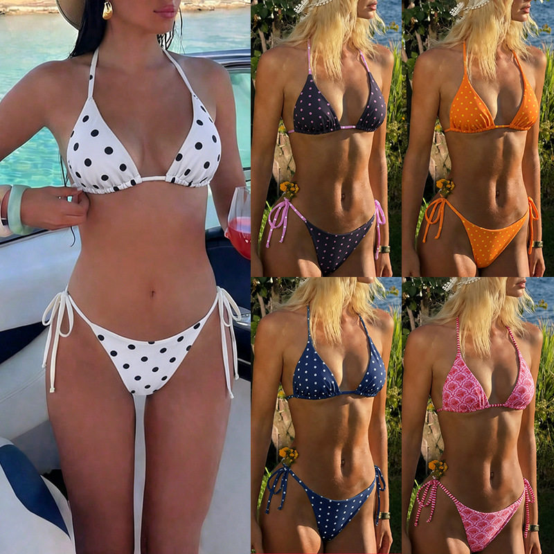 欧美女士三角系带波点印花分体bikini泳衣辣妹沙滩度假显瘦比基尼