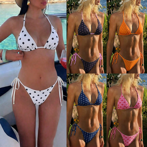 欧美女士三角系带波点印花分体bikini泳衣辣妹沙滩度假显瘦比基尼