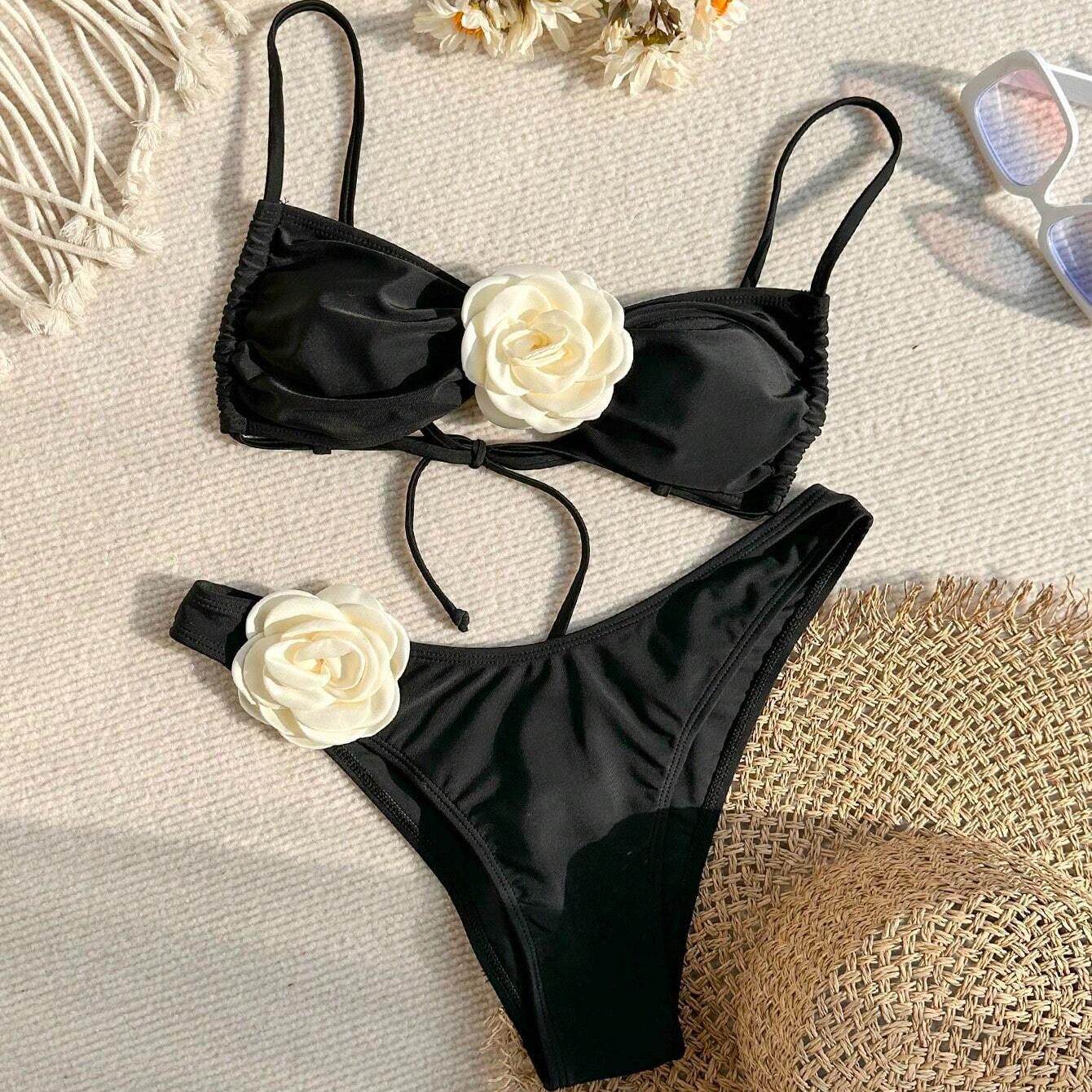 女士欧美INS黑色性感3D立体花朵分体bikini泳衣辣妹海边沙滩泳装