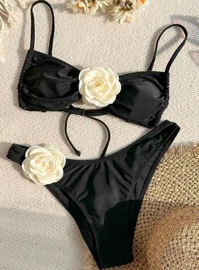 女士欧美INS黑色性感3D立体花朵分体bikini泳衣辣妹海边沙滩泳装