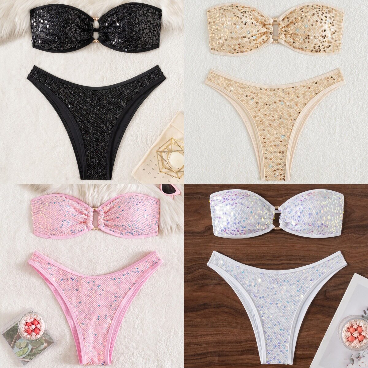 欧美女士纯色性感抹胸分体bikini泳衣亮片辣妹沙滩温泉比基尼泳装