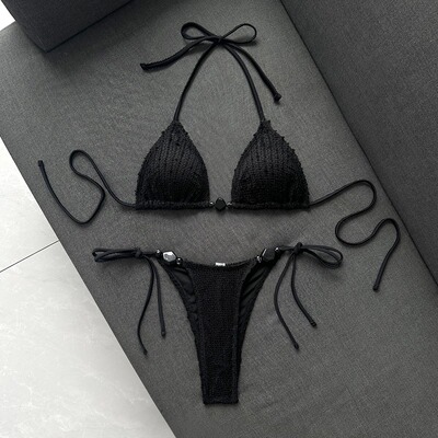 欧美女士石头饰品三角系带分体bikini泳衣辣妹复古显瘦度假比基尼