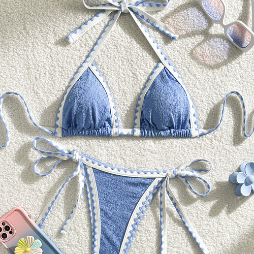 欧美纯色INS风女三角系带分体bikini泳衣辣妹沙滩度假显瘦比基尼