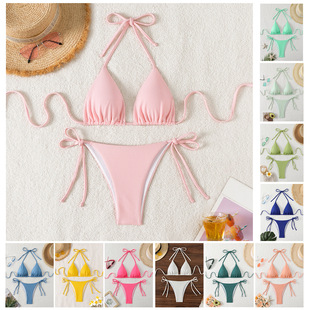 女士歐美純色三角系帶分體bikini泳衣辣妹海邊沙灘度假比基尼泳裝