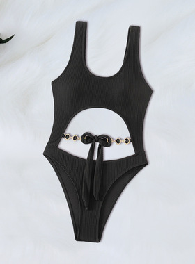 女士黑色性感连体bikini泳衣辣妹海边温泉镂空宝石饰品比基尼泳装