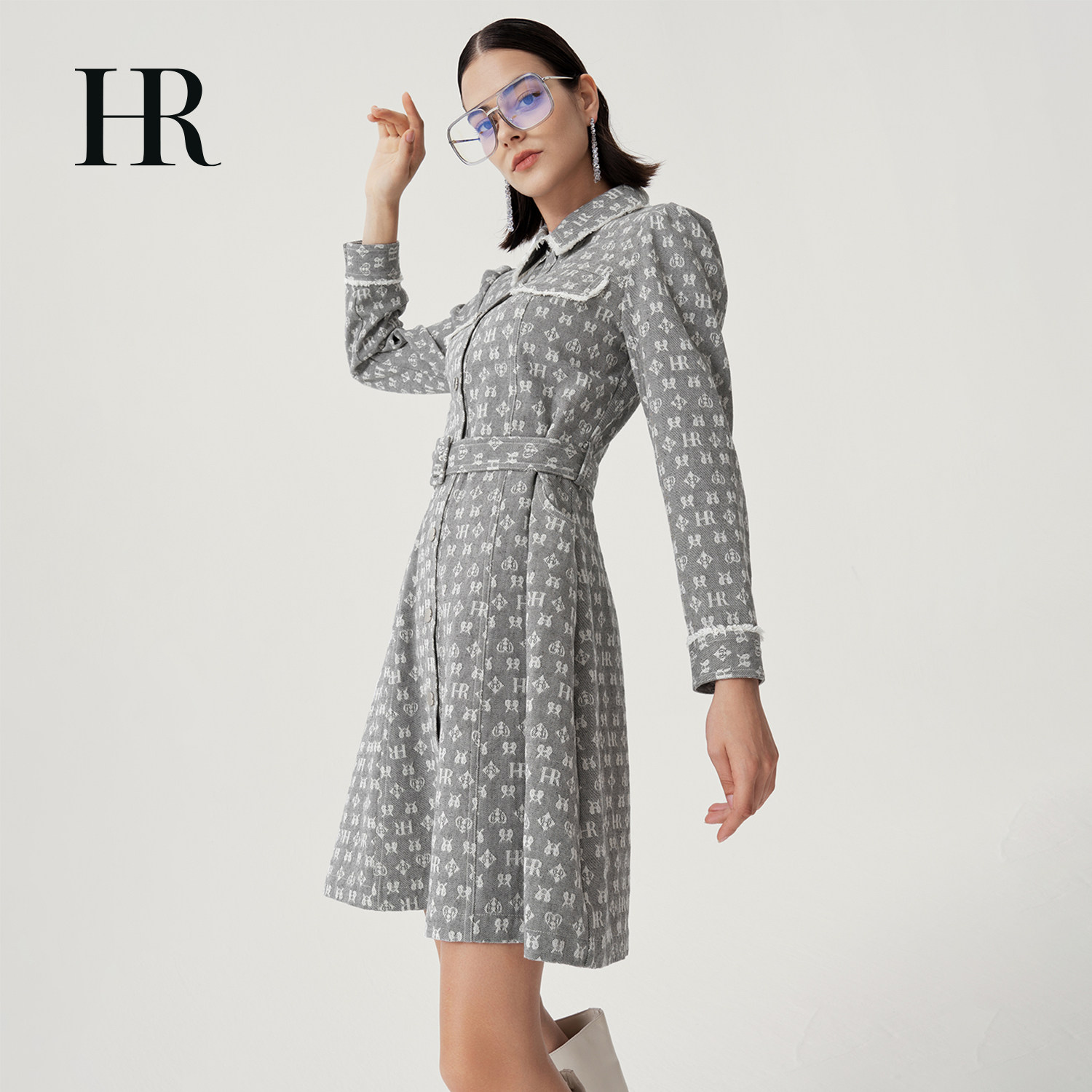 hr赫莲娜限量d家logo印花牛仔军政风霸道女总裁气场全开连衣裙女