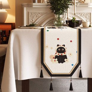 卡通异形桌旗奶油风茶台桌布麻感布艺长条茶席防水防尘桌面保护垫