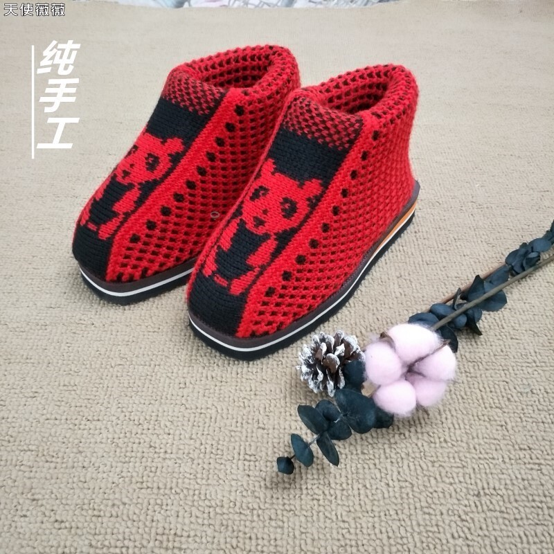 一双包邮 成品 棉鞋手工毛线鞋针织鞋毛线鞋子男女款编织保暖防滑
