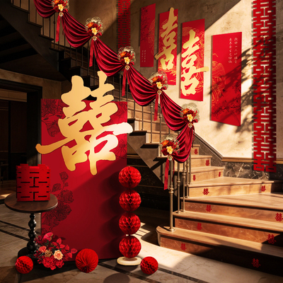 结婚楼梯扶手喜字kt板迎宾牌套装